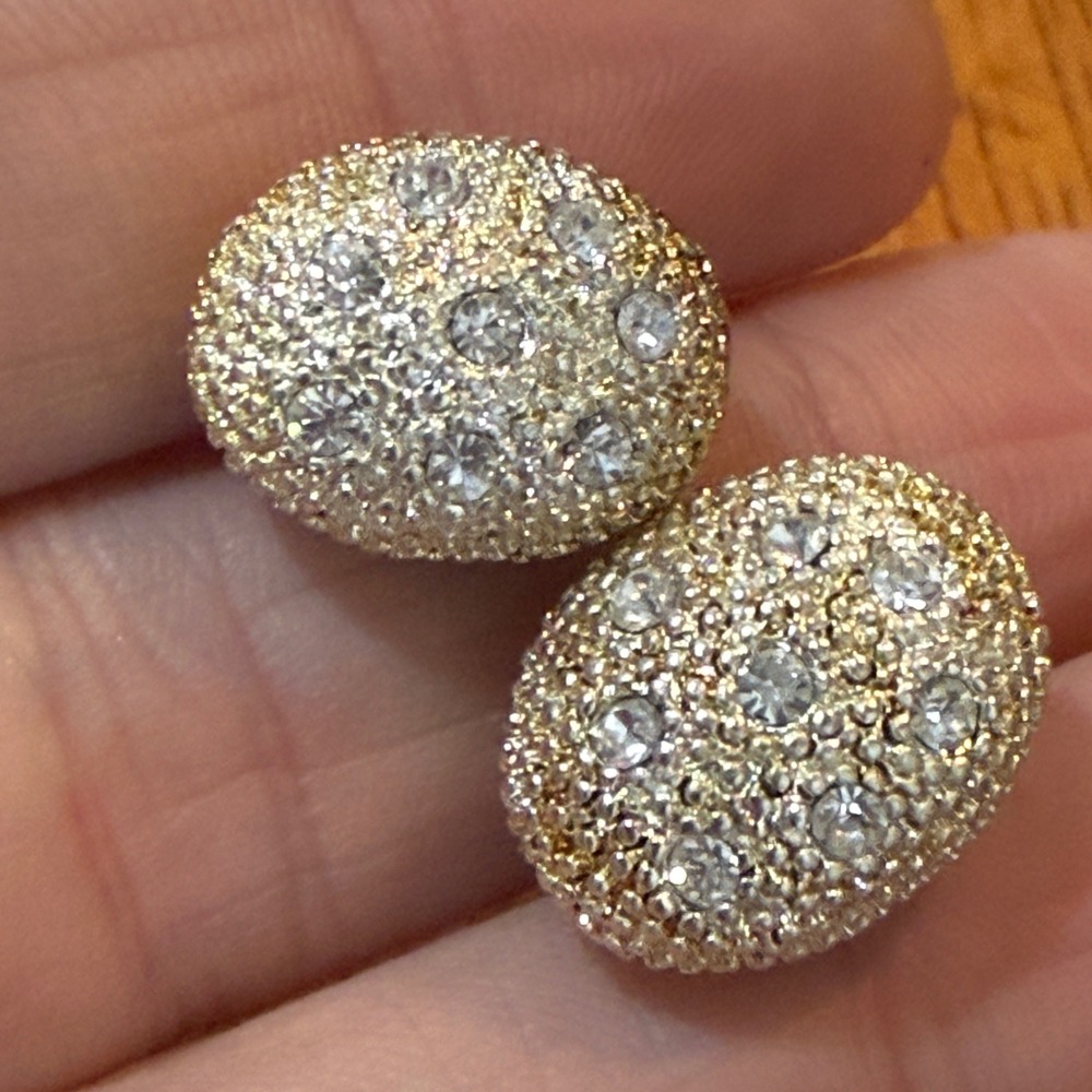 Vintage Style Gold Tone Oval Pave Rhinestone Dome Stud Post Earrings Sparkly